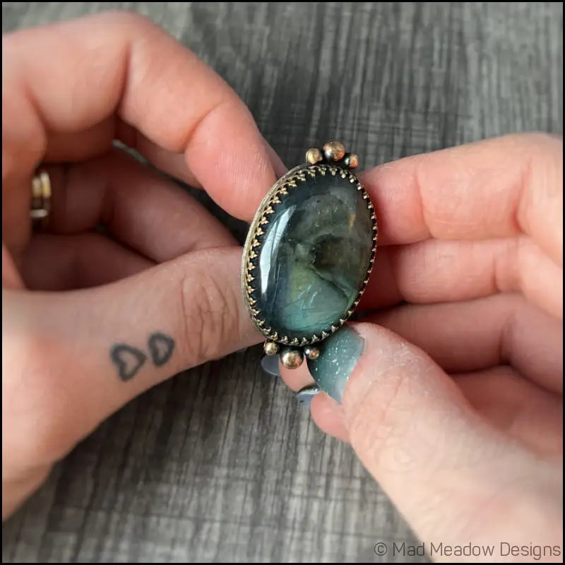 Large and Lovely Labradorite Sterling Silver Statement Ring with Yellow Brass Size 8 1/4 - Jewelry