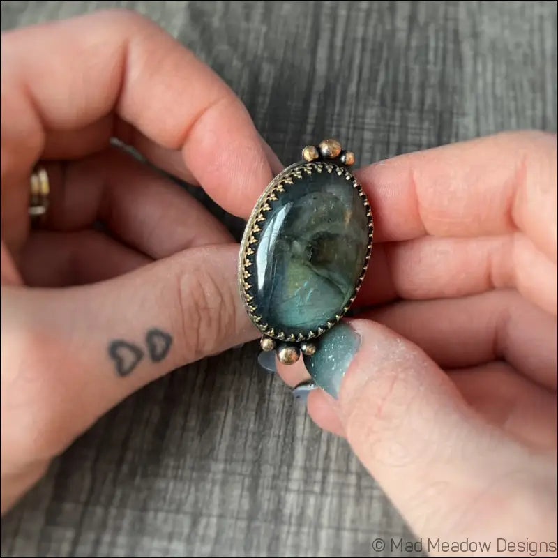 Large and Lovely Labradorite Sterling Silver Statement Ring with Yellow Brass Size 8 1/4 - Jewelry