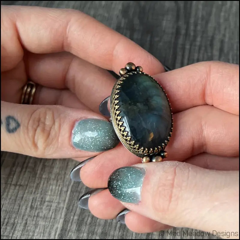 Large and Lovely Labradorite Sterling Silver Statement Ring with Yellow Brass Size 8 1/4 - Jewelry