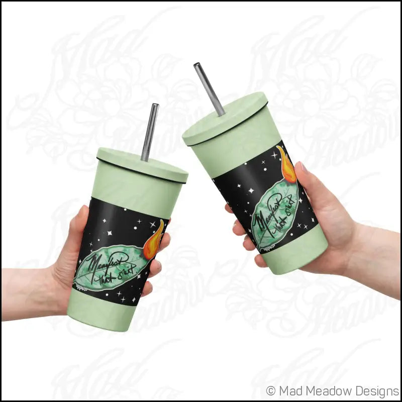 Manifest That Sh*t! Cosmic Insulated tumbler with a straw - Mint - Print on Demand