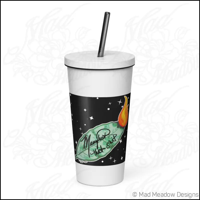 Manifest That Sh*t! Cosmic Insulated tumbler with a straw - White - Print on Demand