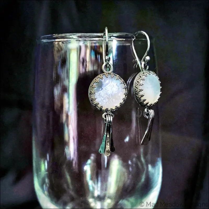 Moon Goddess White Mother of Pearl Sterling Silver Earrings with Hammered Wire Paddle Dangles - Jewelry