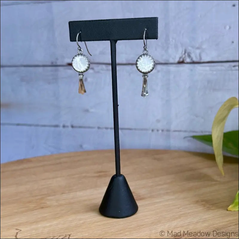 Moon Goddess White Mother of Pearl Sterling Silver Earrings with Hammered Wire Paddle Dangles - Jewelry