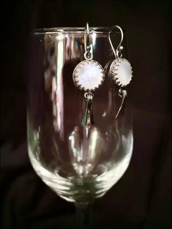 Moon Goddess White Mother of Pearl Sterling Silver Earrings with Hammered Wire Paddle Dangles - Jewelry