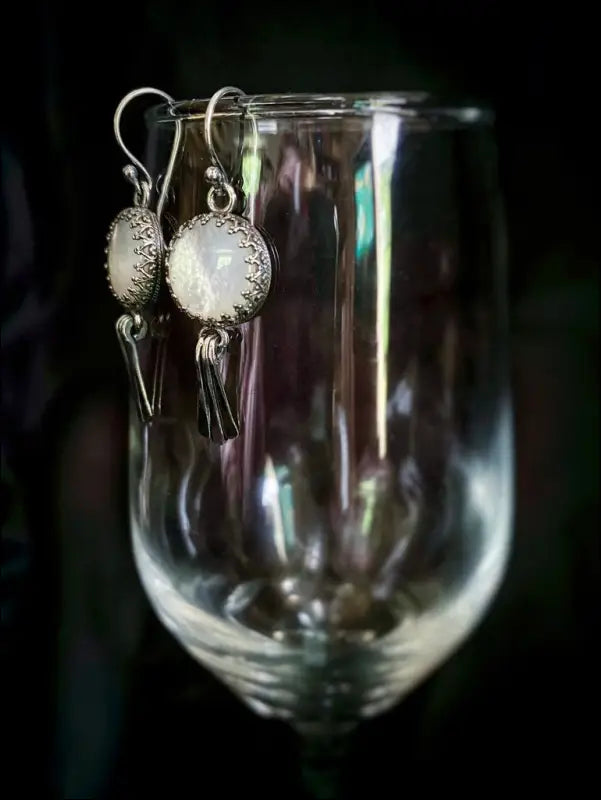 Moon Goddess White Mother of Pearl Sterling Silver Earrings with Hammered Wire Paddle Dangles - Jewelry