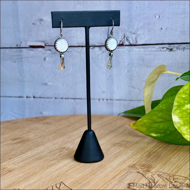 Moon Goddess White Mother of Pearl Sterling Silver Earrings with Hammered Wire Paddle Dangles - Jewelry
