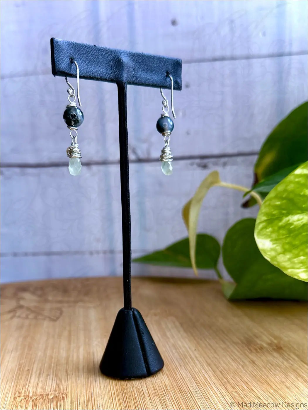 Moss Agate and Prehnite Drop Sterling Silver Wire Wrapped Dangle Earrings - Jewelry