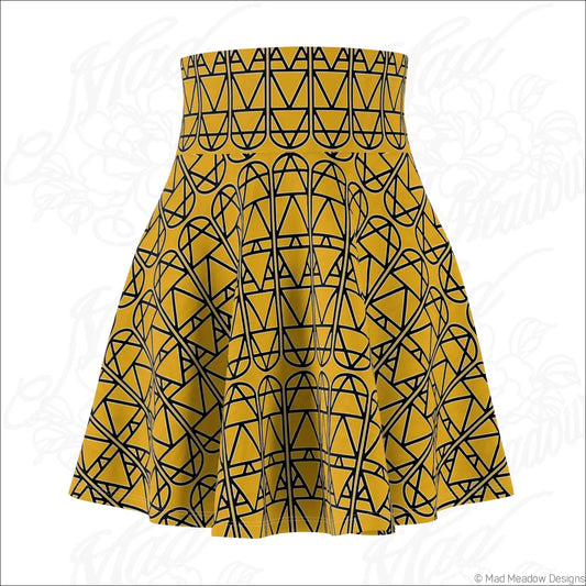 A high-waisted yellow skater skirt with bold black geometric column pattern, hand wash care instructions recommended