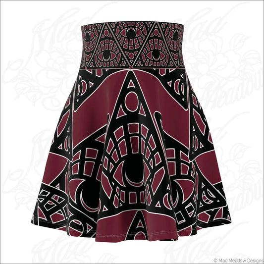 Mystic eye tribal skater skirt in bordeaux features bold geometric eye print on stretch fabric with printed care label