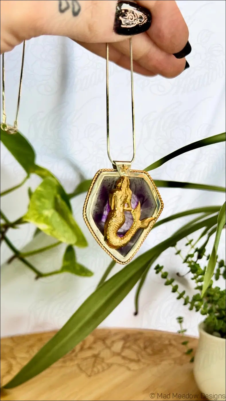 Mystical Mermaid Amethyst Slice Sterling Silver Pendant with Brass Nautical Star and 14ky Gold Filled Twisted Wire