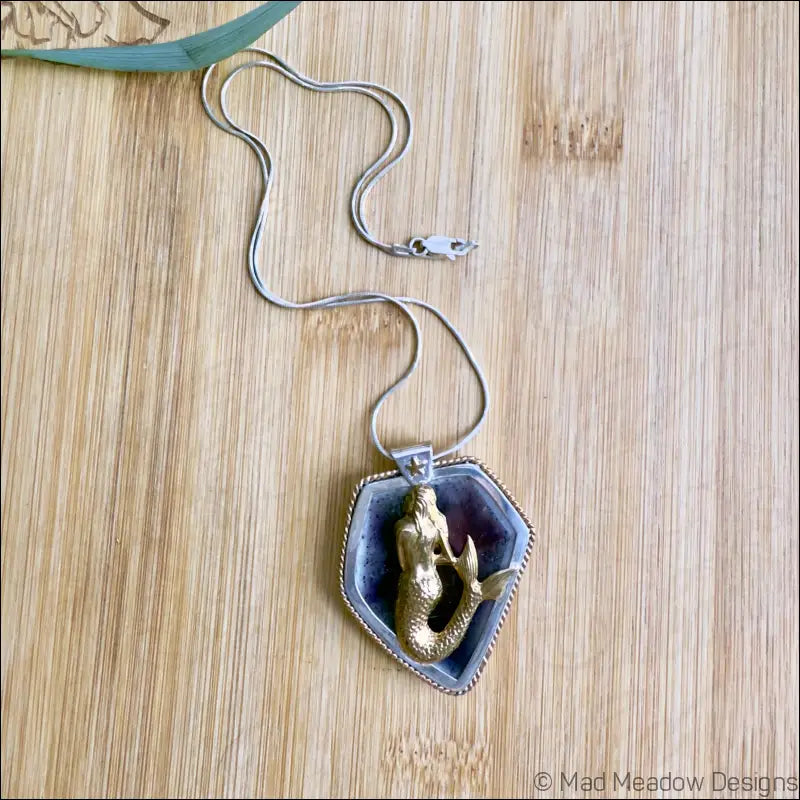 Mystical Mermaid Amethyst Slice Sterling Silver Pendant with Brass Nautical Star and 14ky Gold Filled Twisted Wire