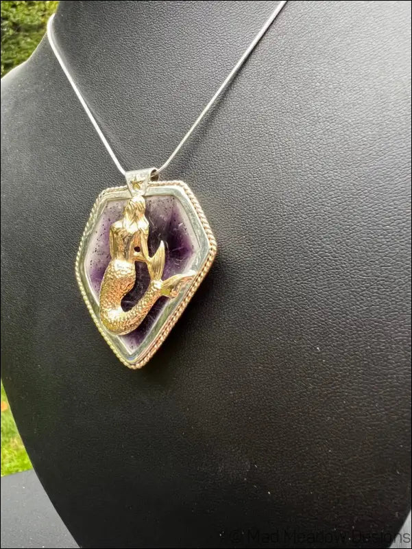 Mystical Mermaid Amethyst Slice Sterling Silver Pendant with Brass Nautical Star and 14ky Gold Filled Twisted Wire
