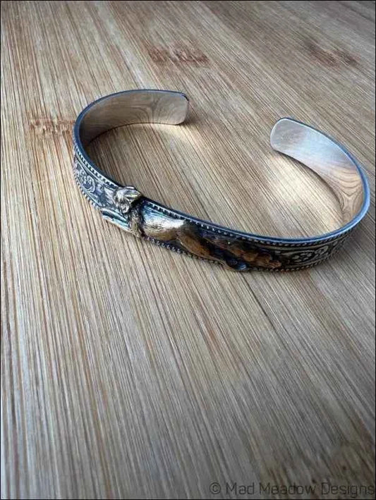 Ornate Sterling Silver and Gold Running Fox Brass Cuff Bracelet
