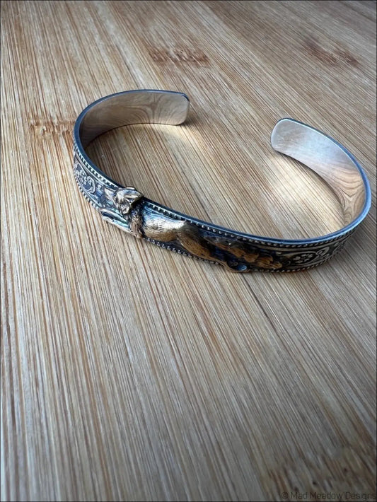 Ornate Sterling Silver and Gold Running Fox Brass Cuff Bracelet