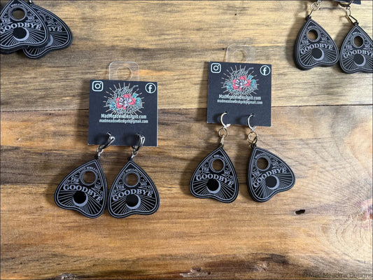 Black ouija planchette laser cut plexiglass earrings with white yes no and goodbye lettering