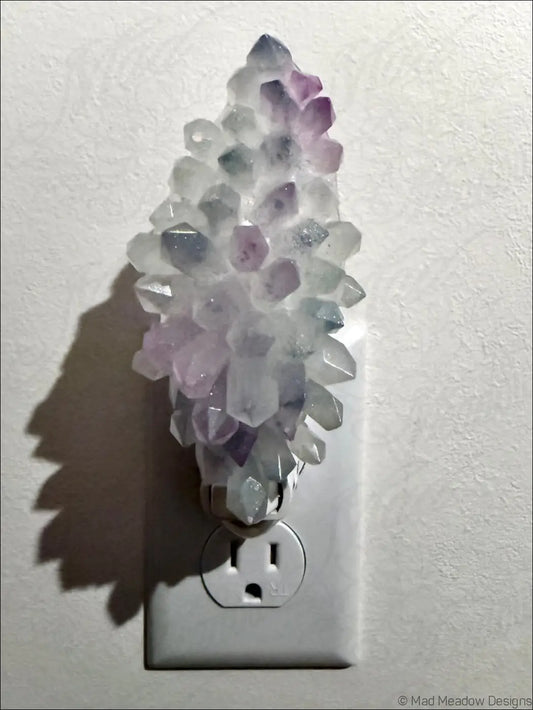 Pastel translucent white and purple crystal cluster resin wall night light with faceted crystals for wall night light use