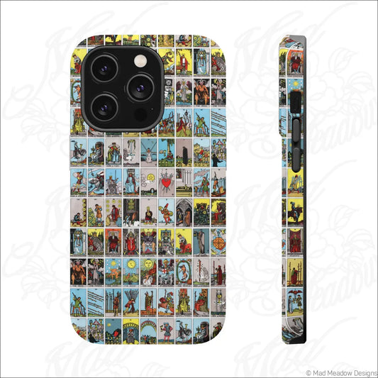 Back of a phone case with vibrant vintage tarot card collage print on a rigid polycarbonate shell for impact resistance