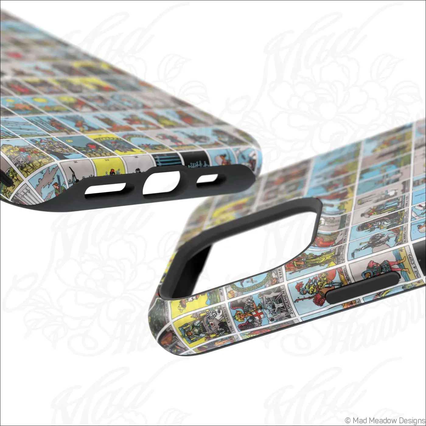 Back of a vibrant phone case with vintage tarot card collage design on a rigid polycarbonate shell glossy surface