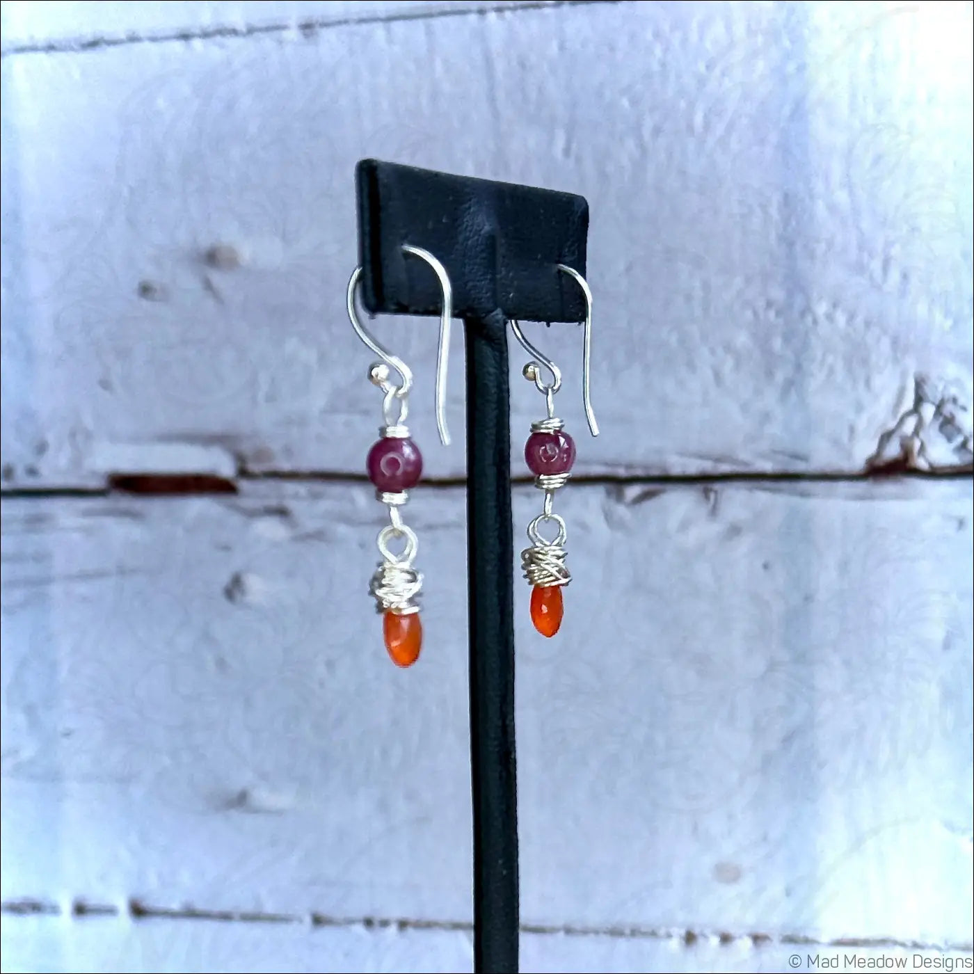 Pink Tourmaline and Carnelian Drop Sterling Silver Wire Wrapped Dangle Earrings - Jewelry