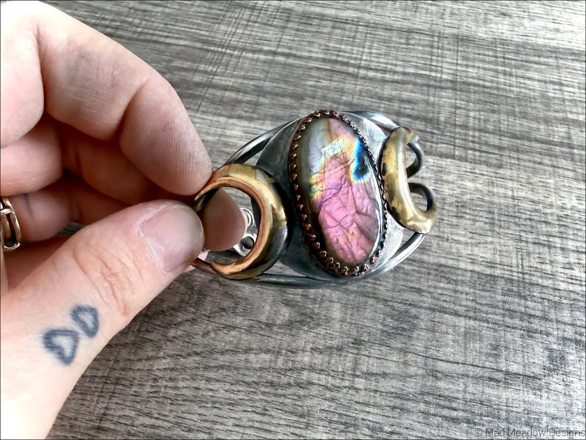 Labradorite Bold Witchy Sterling Silver Cuff Bracelet with Moons - Jewelry