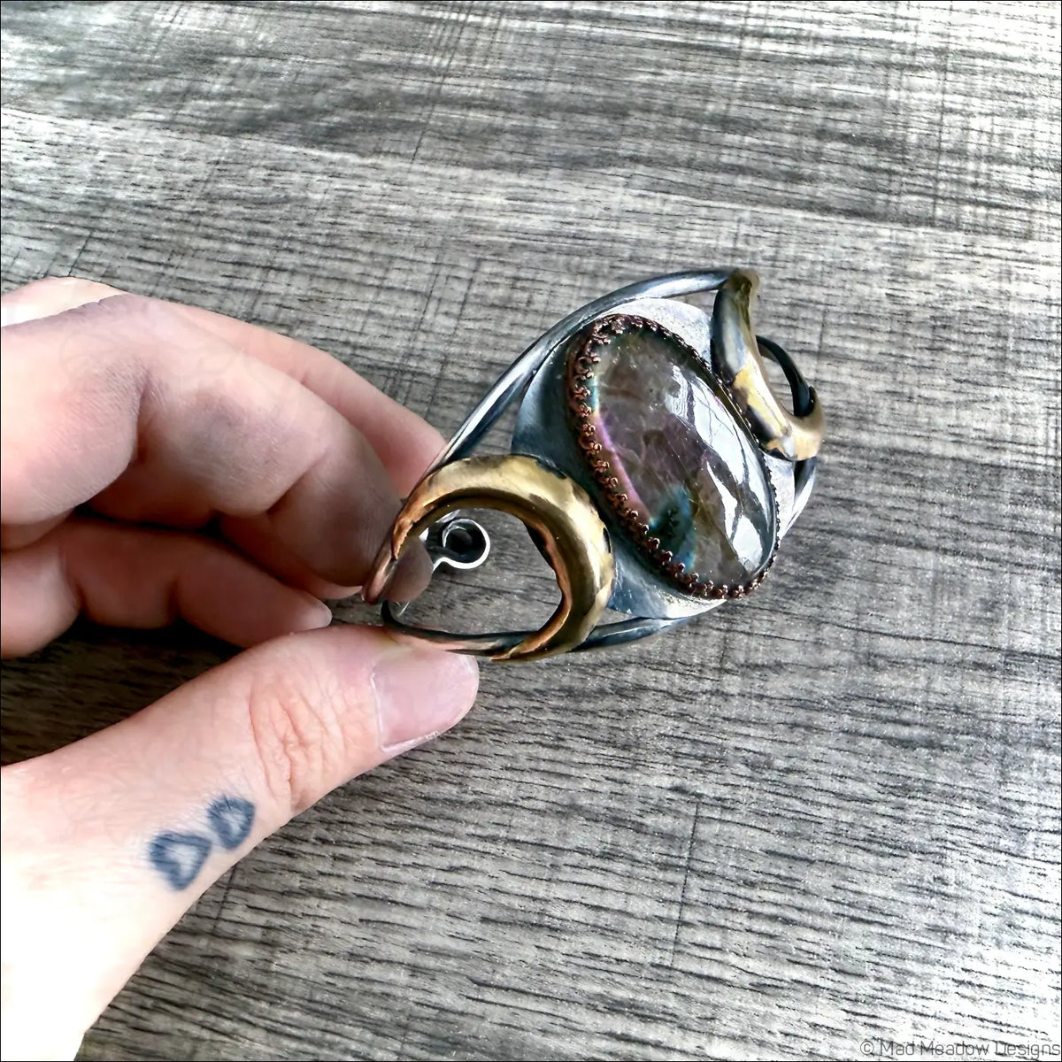 Labradorite Bold Witchy Sterling Silver Cuff Bracelet with Moons - Jewelry