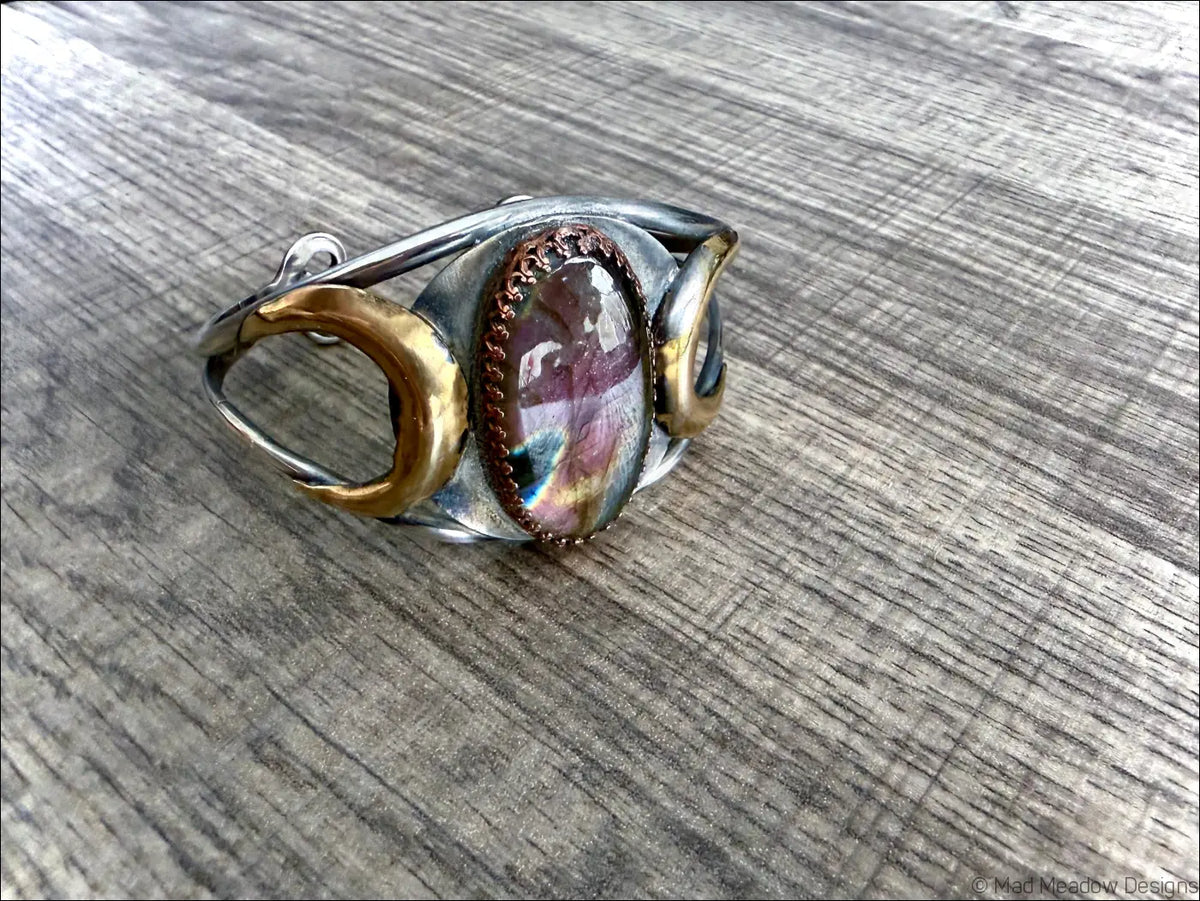 Labradorite Bold Witchy Sterling Silver Cuff Bracelet with Moons - Jewelry