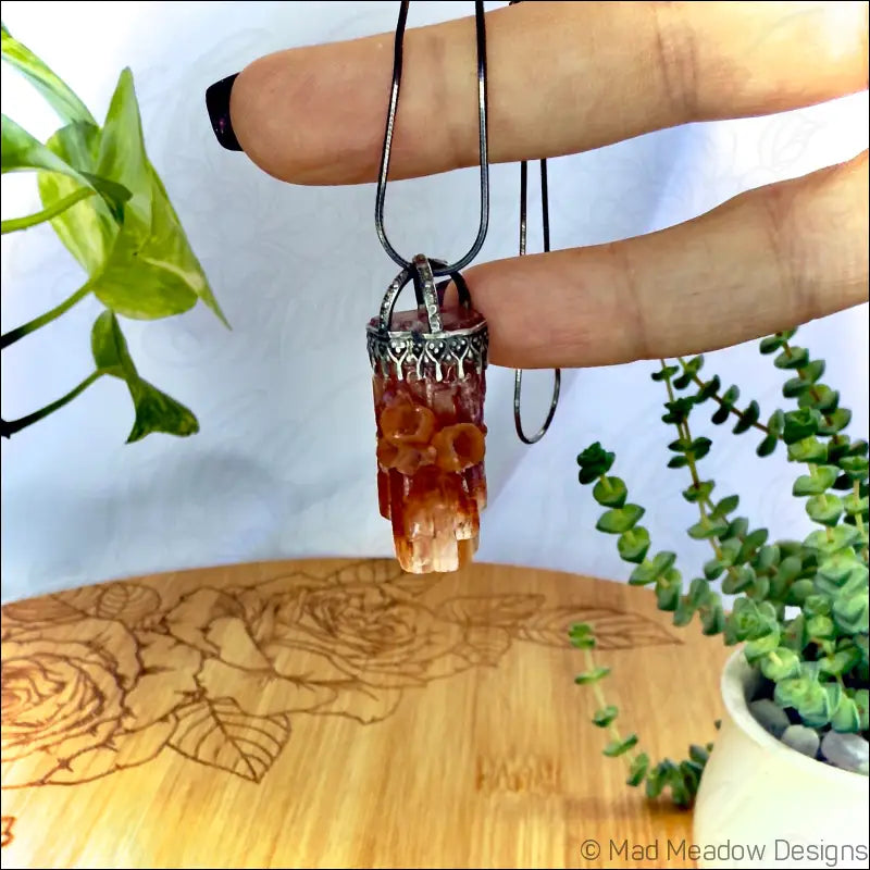 Raw Aragonite Crystal in Oxidized Sterling Silver Gallery Wire Pendant Necklace on 18’’ Snake Chain - Jewelry