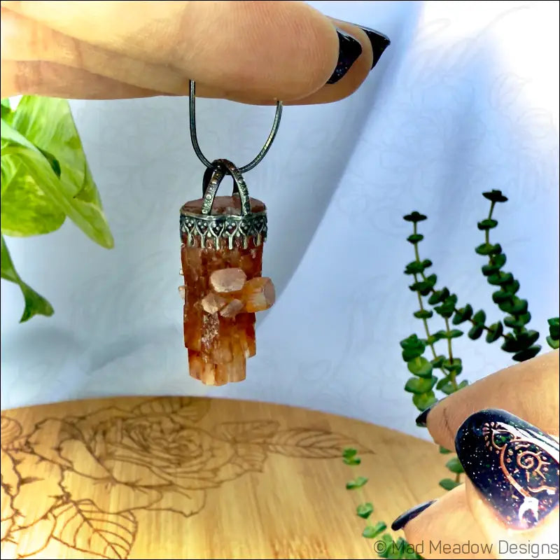 Raw Aragonite Crystal in Oxidized Sterling Silver Gallery Wire Pendant Necklace on 18’’ Snake Chain - Jewelry
