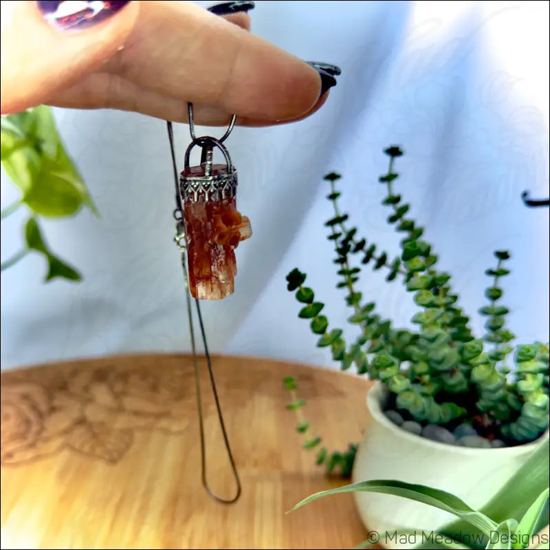 Raw Aragonite Crystal in Oxidized Sterling Silver Gallery Wire Pendant Necklace on 18’’ Snake Chain - Jewelry