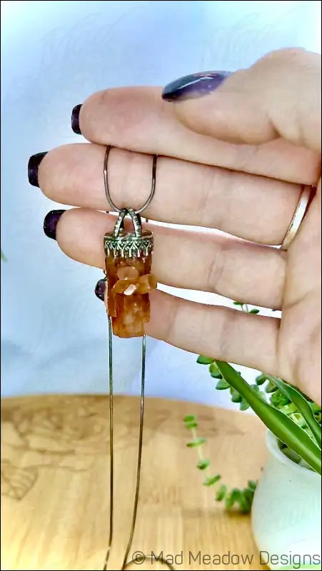 Raw Aragonite Crystal in Oxidized Sterling Silver Gallery Wire Pendant Necklace on 18’’ Snake Chain - Jewelry