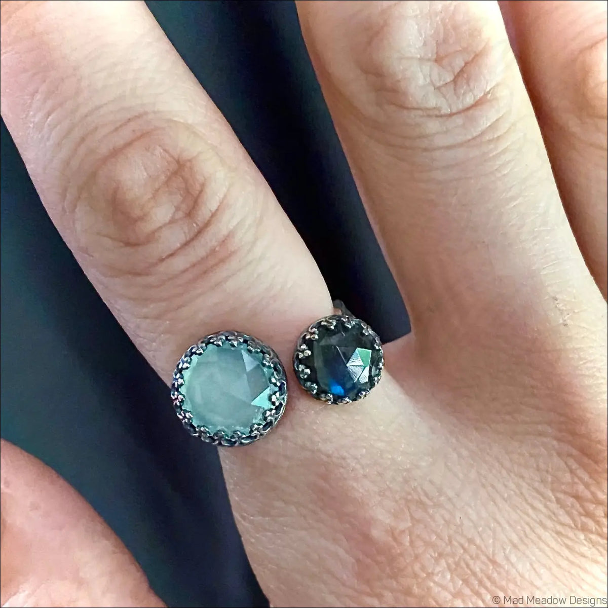 Double Rose Cut Gemstone Bypass Ring with Chrysoprase Chalcedony Labradorite and Lapis Lazuli - Jewelry