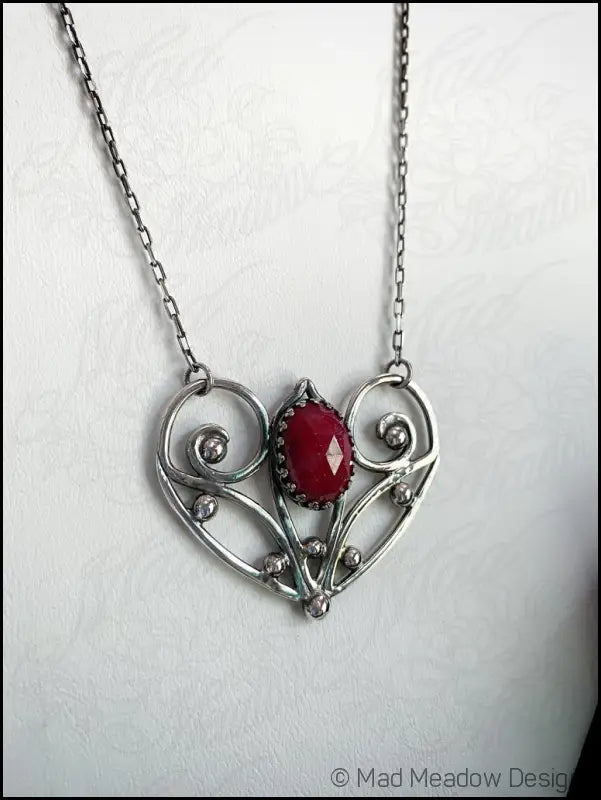 Red Ruby Sterling Silver Love Heart Pendant on 18’’ Necklace - Jewelry