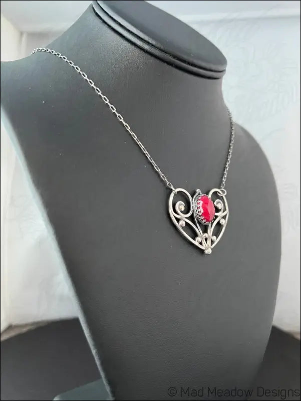 Red Ruby Sterling Silver Love Heart Pendant on 18’’ Necklace - Jewelry