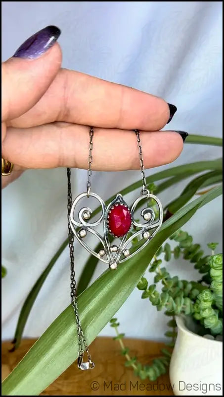 Red Ruby Sterling Silver Love Heart Pendant on 18’’ Necklace - Jewelry