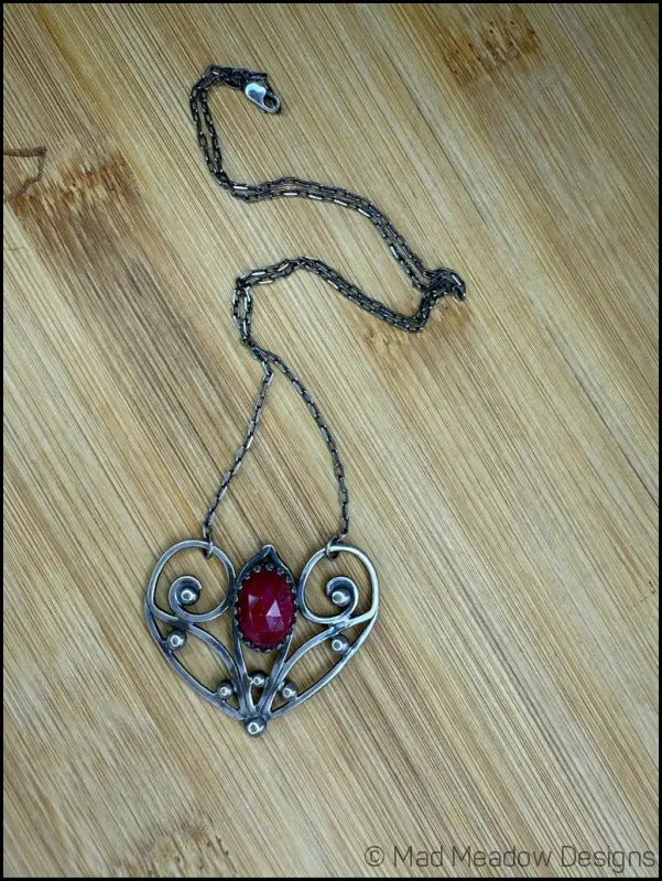 Red Ruby Sterling Silver Love Heart Pendant on 18’’ Necklace - Jewelry