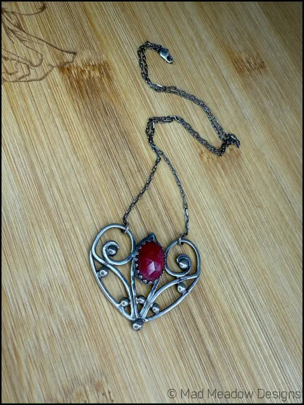Red Ruby Sterling Silver Love Heart Pendant on 18’’ Necklace - Jewelry