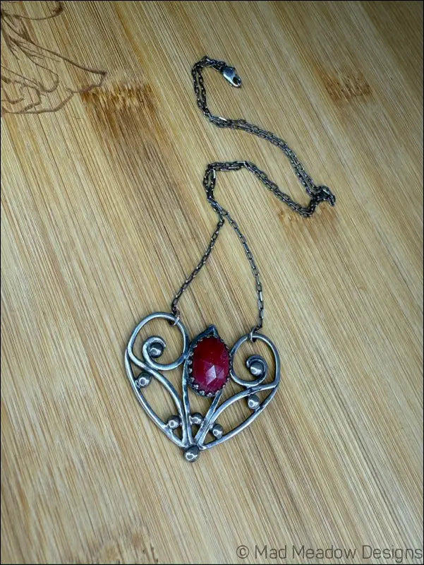 Red Ruby Sterling Silver Love Heart Pendant on 18’’ Necklace - Jewelry