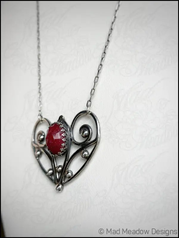Red Ruby Sterling Silver Love Heart Pendant on 18’’ Necklace - Jewelry
