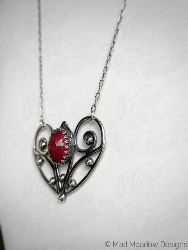 Red Ruby Sterling Silver Love Heart Pendant on 18’’ Necklace - Jewelry