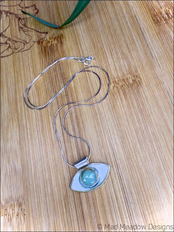 Aqua Chalcedony Evil Eye Sterling Silver Pendant Necklace on 18’’ Snake Chain - Jewelry
