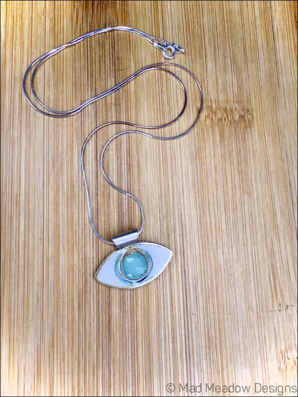 Aqua Chalcedony Evil Eye Sterling Silver Pendant Necklace on 18’’ Snake Chain - Jewelry