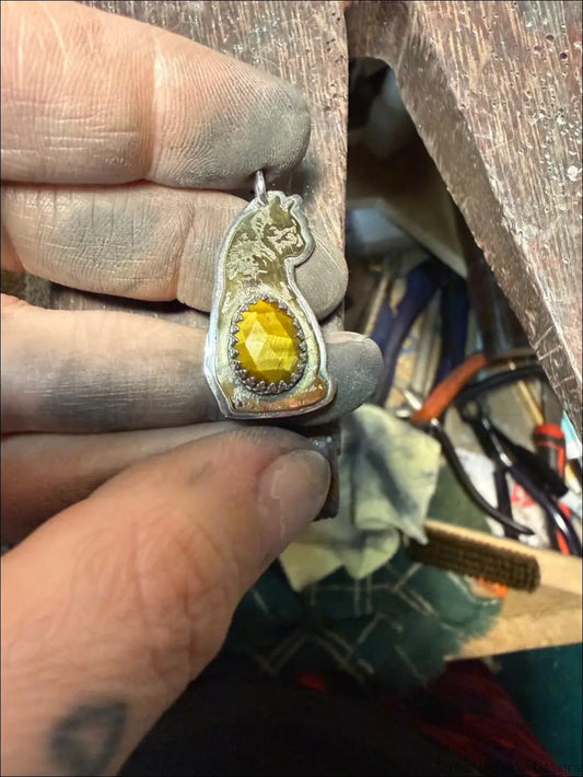 Silver Tigerseye Cat Pendant with Amber-Color Gem and Delicate Chain - Jewelry