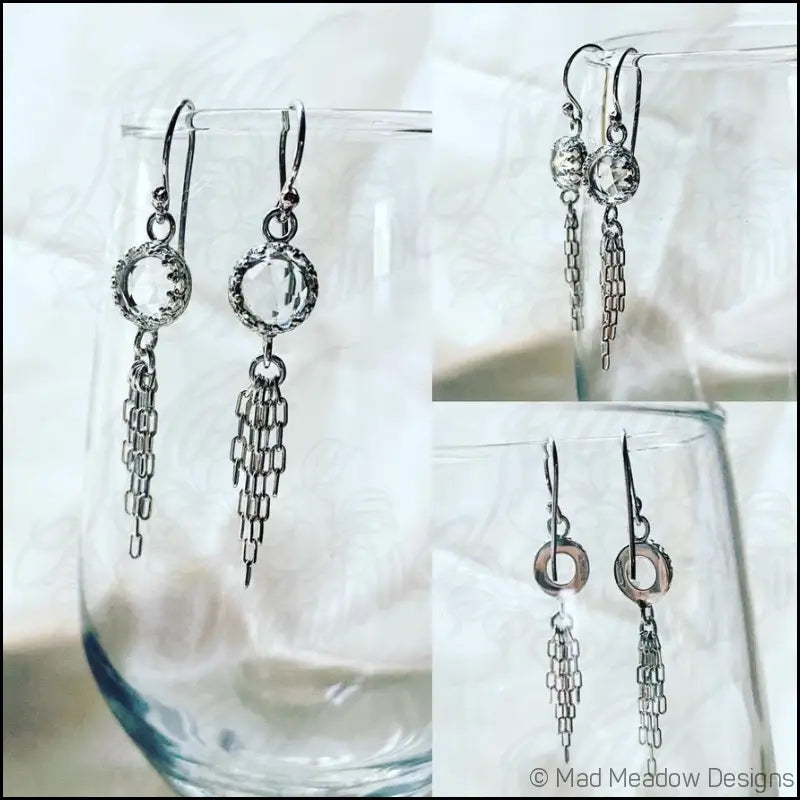 Clear White 8mm Rose Cut Quartz Sterling Silver Chain Tassel Earrings - Jewelry