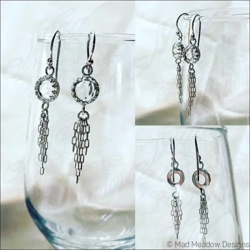 Clear White 8mm Rose Cut Quartz Sterling Silver Chain Tassel Earrings - Jewelry