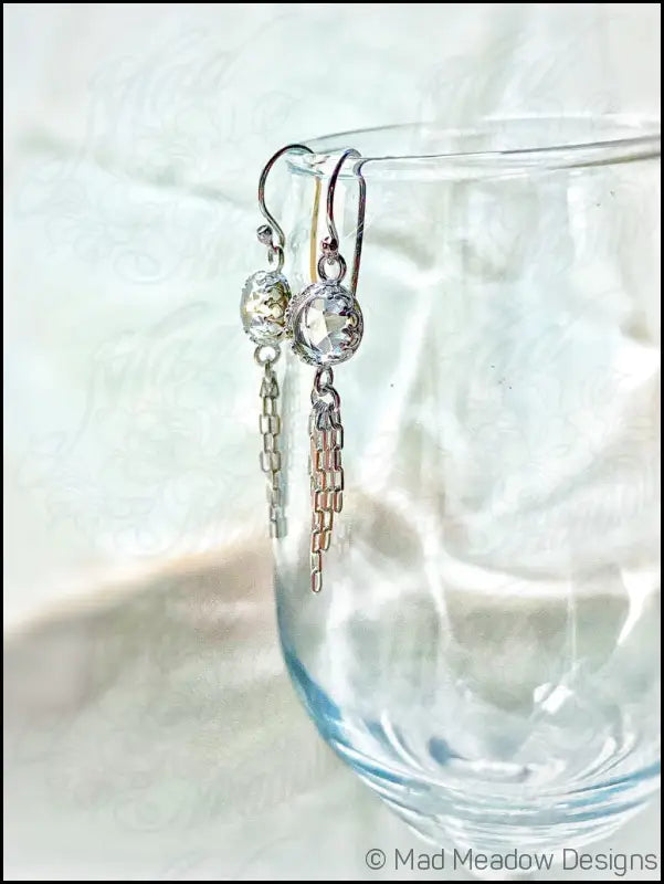 Clear White 8mm Rose Cut Quartz Sterling Silver Chain Tassel Earrings - Jewelry