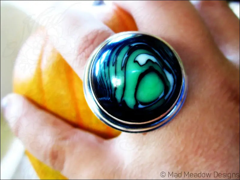 Sterling Silver Eco Friendly Vintage Lucite Statement Ring Slime Green Artisan Hand Fabricated Bezel Set Adjustable