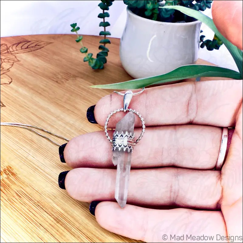 Sterling Silver Quartz Crystal Point Goddess Pendant Necklace - Jewelry