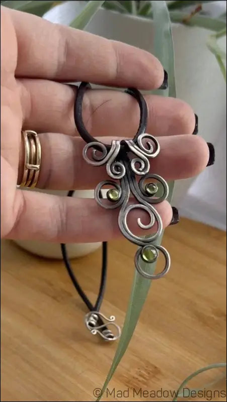 Fiddlehead Sterling Silver and Peridot Artisan Made Pendant on Leather - Jewelry