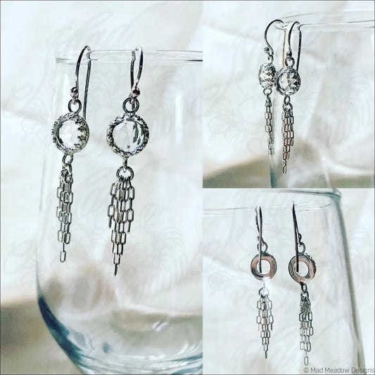 Clear White 8mm Rose Cut Quartz Sterling Silver Chain Tassel Earrings - Jewelry