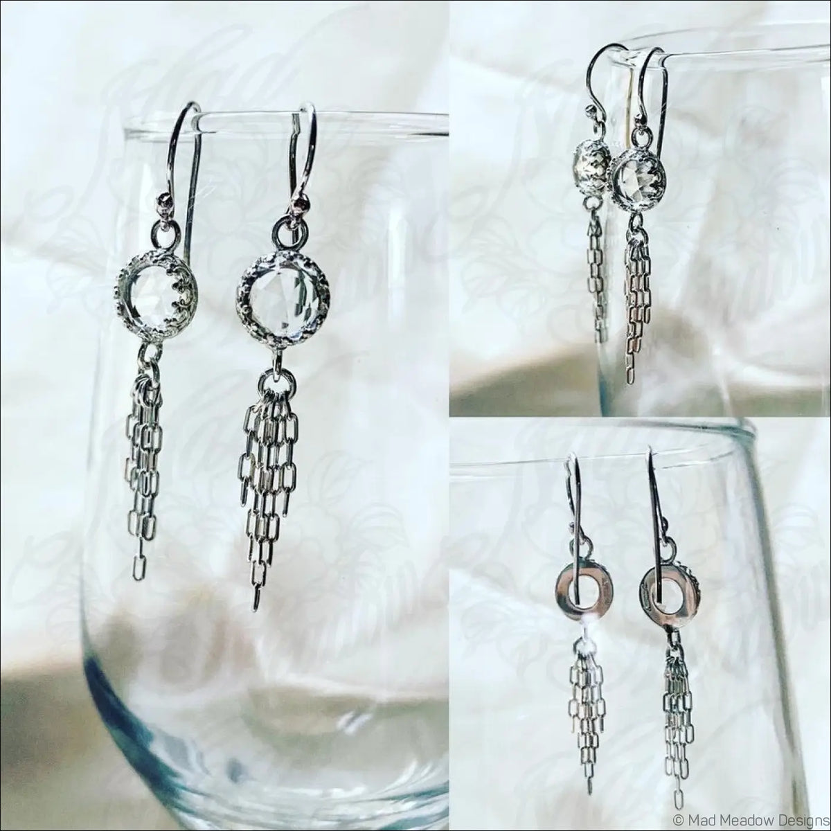 Clear White 8mm Rose Cut Quartz Sterling Silver Chain Tassel Earrings - Jewelry